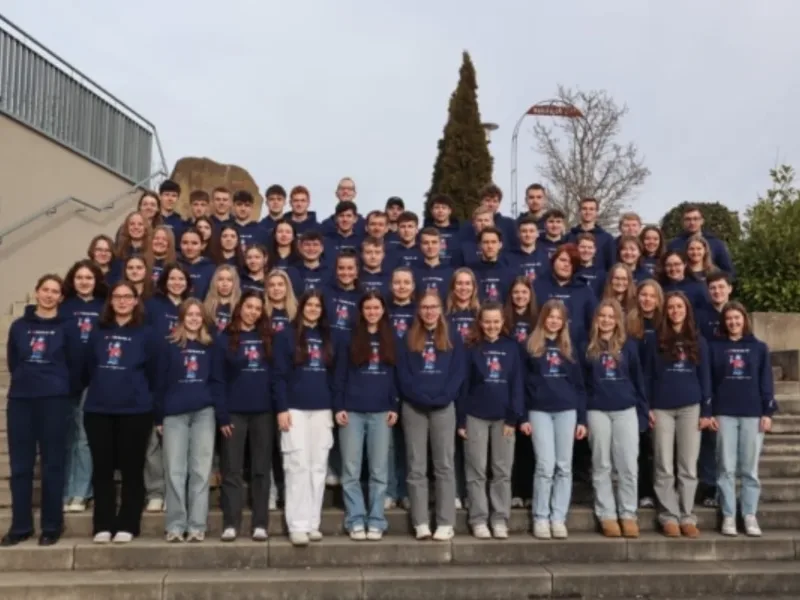 Abschlussjahrgang in navyblauen Abipullis auf der Schultreppe